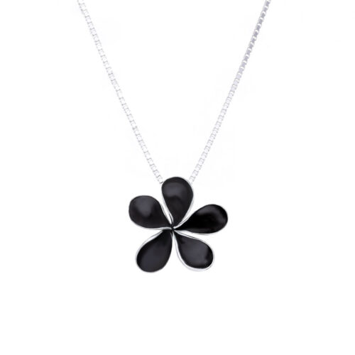 INIZI Black Frangipani Glass Enamelled Pendant Necklace